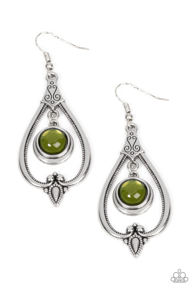 ETHEREAL EMBLEM -GREEN GLASSY BEAD SILVER EARRINGS - PAPARAZZI