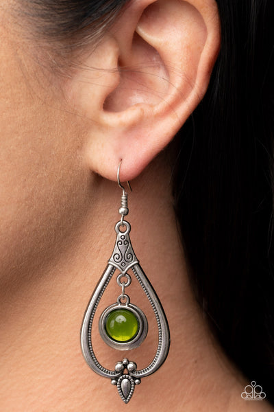 ETHEREAL EMBLEM -GREEN GLASSY BEAD SILVER EARRINGS - PAPARAZZI