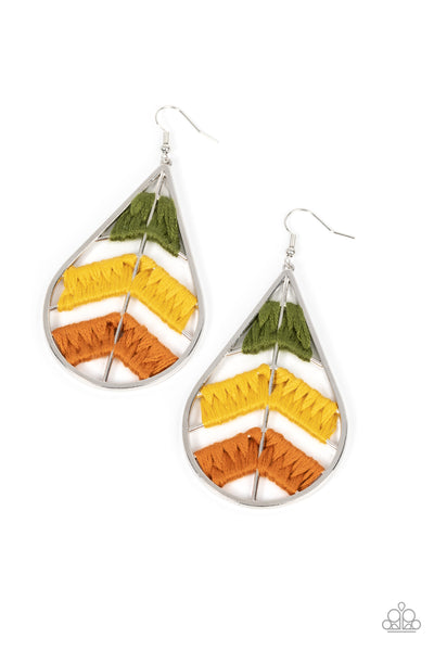 NICE THREADS - MULTI GREEN YELLOW AND ORANGE SILVER TEARDROP EARRINGS - PAPARAZZI