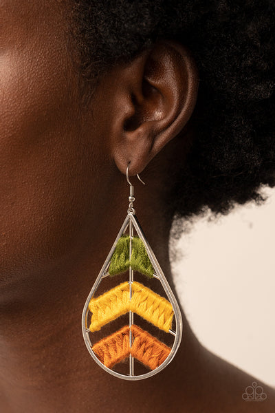 NICE THREADS - MULTI GREEN YELLOW AND ORANGE SILVER TEARDROP EARRINGS - PAPARAZZI