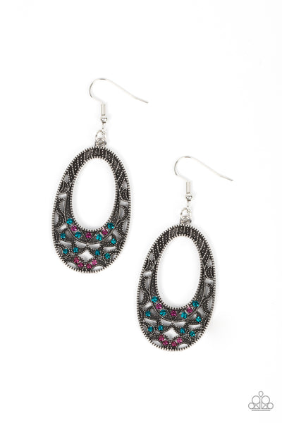 COLORFULLY MOON CHILD - MULTI BLUE AND PINK RHINESTONE SILVER OVAL EARRINGS - PAPARAZZI