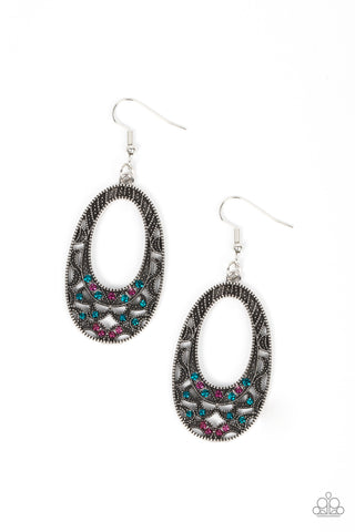 COLORFULLY MOON CHILD - MULTI BLUE AND PINK RHINESTONE SILVER OVAL EARRINGS - PAPARAZZI