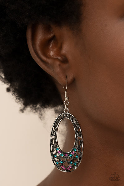 COLORFULLY MOON CHILD - MULTI BLUE AND PINK RHINESTONE SILVER OVAL EARRINGS - PAPARAZZI