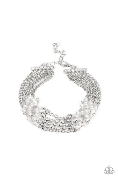 EXPERIENCED IN ELEGANCE - WHITE PEARL RHINESTONE SILVER CHAIN LAYERED BRACELET - PAPARAZZI