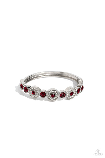 CROWNS ONLY CLUB - RED GEM WHITE RHINESTONE SILVER HINGED BRACELET - PAPARAZZI