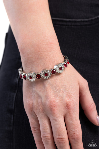CROWNS ONLY CLUB - RED GEM WHITE RHINESTONE SILVER HINGED BRACELET - PAPARAZZI