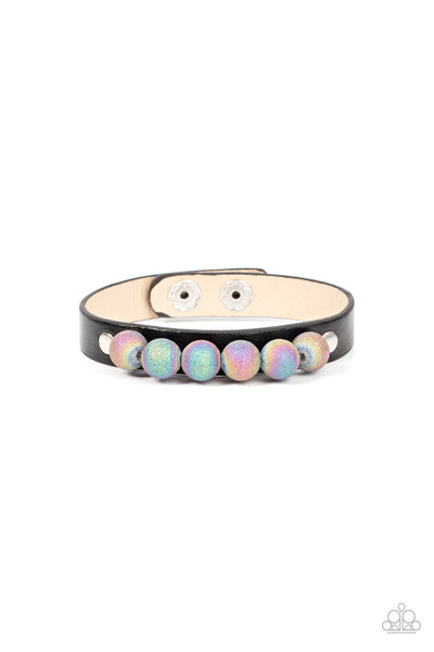 SATURN SAFARI - BLACK LEATHER COLORFUL SHIMMER BEAD WRAP BRACELET - PAPARAZZI