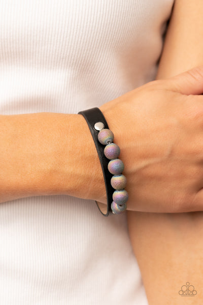 SATURN SAFARI - BLACK LEATHER COLORFUL SHIMMER BEAD WRAP BRACELET - PAPARAZZI