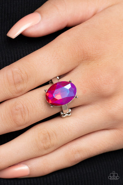 UPDATED DAZZLE - PINK UV GEM OVAL SILVER RING - PAPARAZZI