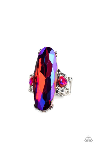 INTERDIMENSIONAL DIMENSION - PINK UV SHIMMER LONG OVAL GEM SILVER RING - PAPARAZZI LIFE OF THE PARTY JANUARY 2023
