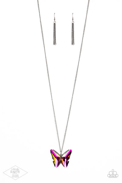 THE SOCIAL BUTTERFLY EFFECT - MULTI OIL SPILL GUNMETAL BUTTERFLY GEM NECKLACE - PAPARAZZI