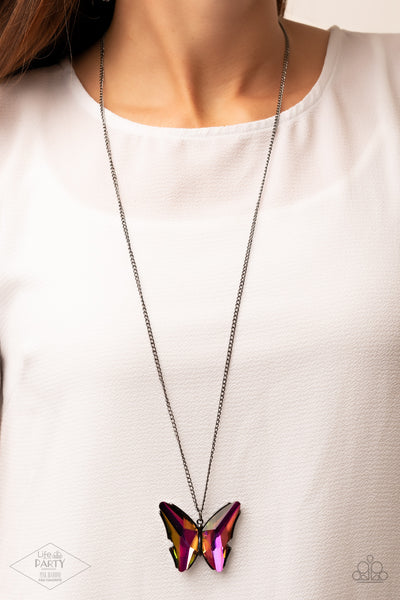 THE SOCIAL BUTTERFLY EFFECT - MULTI OIL SPILL GUNMETAL BUTTERFLY GEM NECKLACE - PAPARAZZI