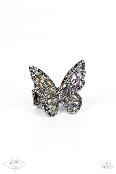 FLAUNTABLE FLUTTER - MULTI OIL SPILL BUTTERFLY GUNMETAL BRING BACK RING - PAPARAZZI
