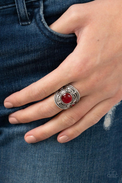 EXUBERANT ESCAPADE - RED CAT'S EYE SILVER RING - PAPARAZZI