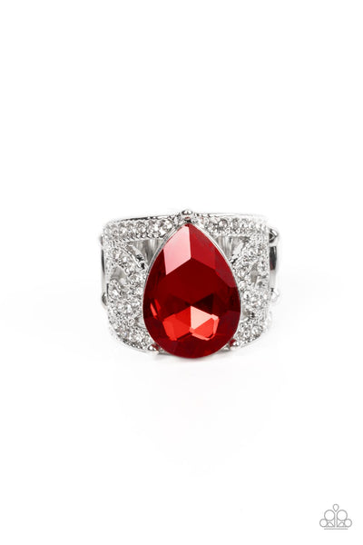 KINDA A BIG DEAL - RED TEARDROP GEM SILVER RING - PAPARAZZI