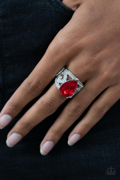 KINDA A BIG DEAL - RED TEARDROP GEM SILVER RING - PAPARAZZI