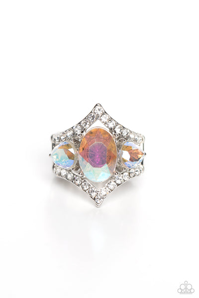 BOW DOWN TO DAZZLE - WHITE IRIDESCENT GEM SILVER RING - PAPARAZZI