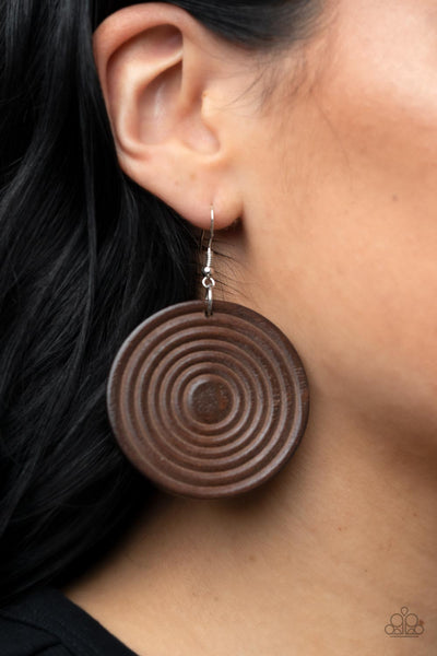 CARIBBEAN CYMBAL - BROWN WOODEN DISC EARRINGS - PAPARAZZI