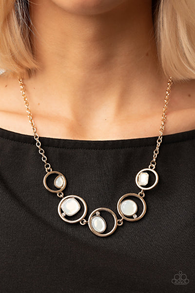 BIG NIGHT OUT - GOLD CIRCLE WHITE OPAL RHINESTONE NECKLACE - PAPARAZZI