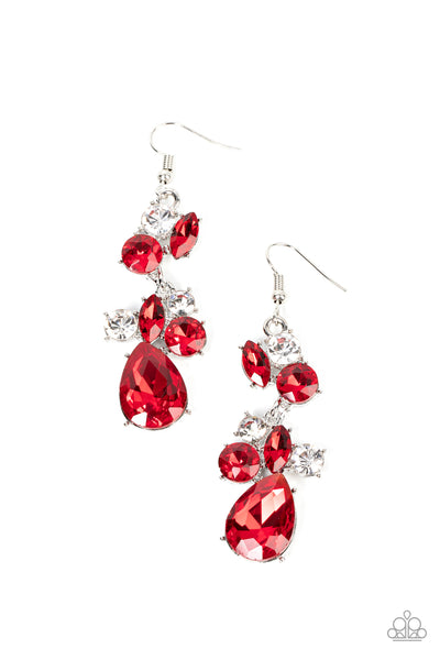 RHINESTONE REVELER - RED GEM SILVER EARRINGS - PAPARAZZI