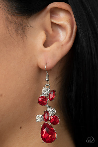 RHINESTONE REVELER - RED GEM SILVER EARRINGS - PAPARAZZI