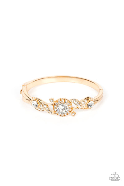 EXPERT ELEGANCE - GOLD WHITE RHINESTONE HINGE BRACELET - PAPARAZZI