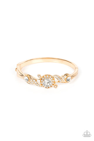 EXPERT ELEGANCE - GOLD WHITE RHINESTONE HINGE BRACELET - PAPARAZZI