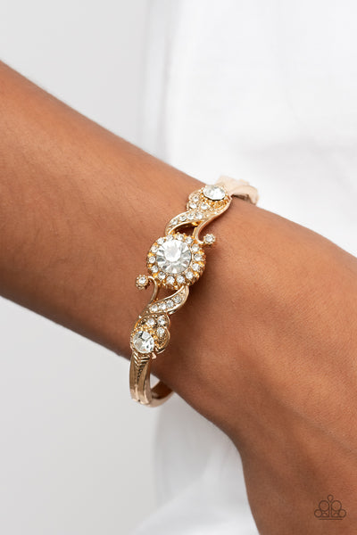 EXPERT ELEGANCE - GOLD WHITE RHINESTONE HINGE BRACELET - PAPARAZZI