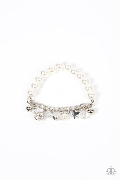 ADORNINGLY ADMIRABLE - WHITE PEARL SILVER HEART CHARM STRETCHY BRACELET - PAPARAZZI