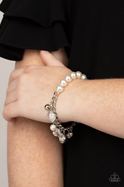 ADORNINGLY ADMIRABLE - WHITE PEARL SILVER HEART CHARM STRETCHY BRACELET - PAPARAZZI