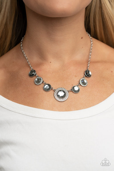 EXTRAVAGANT EXTRAVAGANZA - SILVER SMOKY GEM WHITE RHINESTONE NECKLACE
