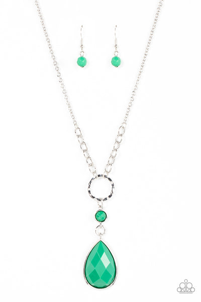VALLEY GIRL GLAMOUR - GREEN MINTY TEARDROP BEAD SILVER NECKLACE - PAPARAZZI