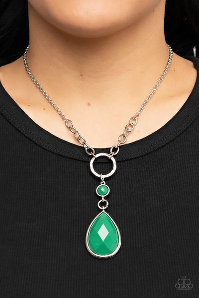 VALLEY GIRL GLAMOUR - GREEN MINTY TEARDROP BEAD SILVER NECKLACE - PAPARAZZI