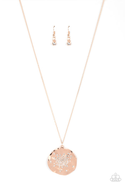 BOOM AND COMBUST - ROSE GOLD WITH WHITE RHINESTONE NECKLACE - PAPARAZZI