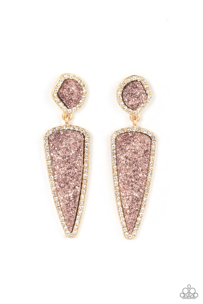 DRUZY DESIRE - GOLD FRAME PINK DRUZY POST EARRINGS - PAPARAZZI