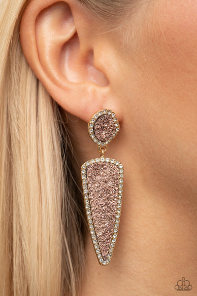 DRUZY DESIRE - GOLD FRAME PINK DRUZY POST EARRINGS - PAPARAZZI