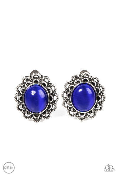 GARDEN GAZEBO - BLUE CAT'S EYE STONE SILVER CLIP-ON EARRINGS - PAPARAZZI