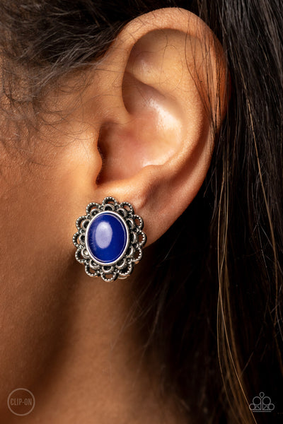 GARDEN GAZEBO - BLUE CAT'S EYE STONE SILVER CLIP-ON EARRINGS - PAPARAZZI