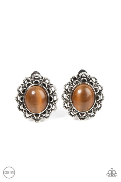 GARDEN GAZEBO - BROWN OVAL CATS EYE CLIP-ON EARRINGS - PAPARAZZI