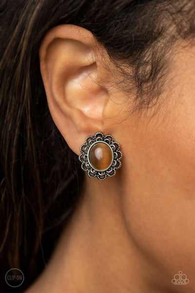 GARDEN GAZEBO - BROWN OVAL CATS EYE CLIP-ON EARRINGS - PAPARAZZI
