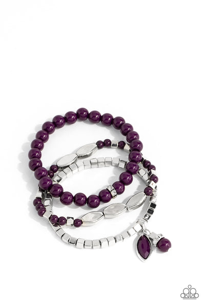 REDEFINED ROMANCE - PURPLE AND SILVER BEAD STRETCHY BRACELET SET - PAPARAZZI