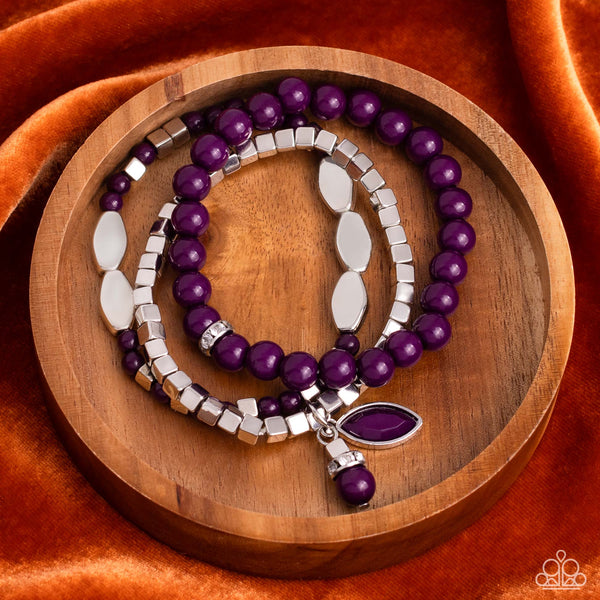 REDEFINED ROMANCE - PURPLE AND SILVER BEAD STRETCHY BRACELET SET - PAPARAZZI