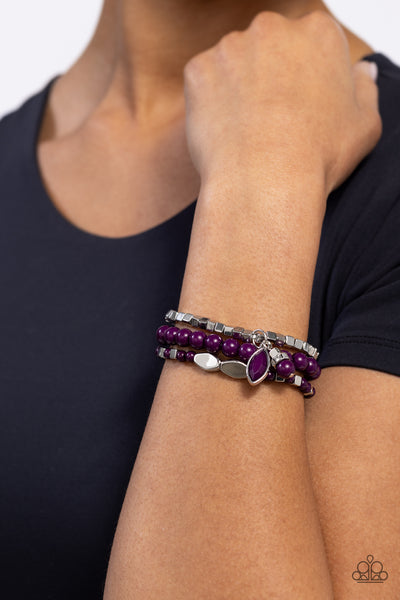 REDEFINED ROMANCE - PURPLE AND SILVER BEAD STRETCHY BRACELET SET - PAPARAZZI