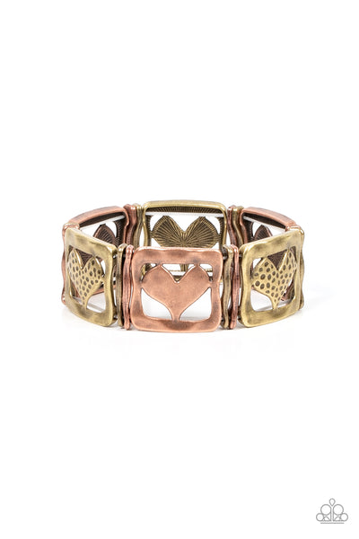 LEGENDARY LOVERS - MULTI BRASS AND COPPER HEART STRETCHY BRACELET - PAPARAZZI