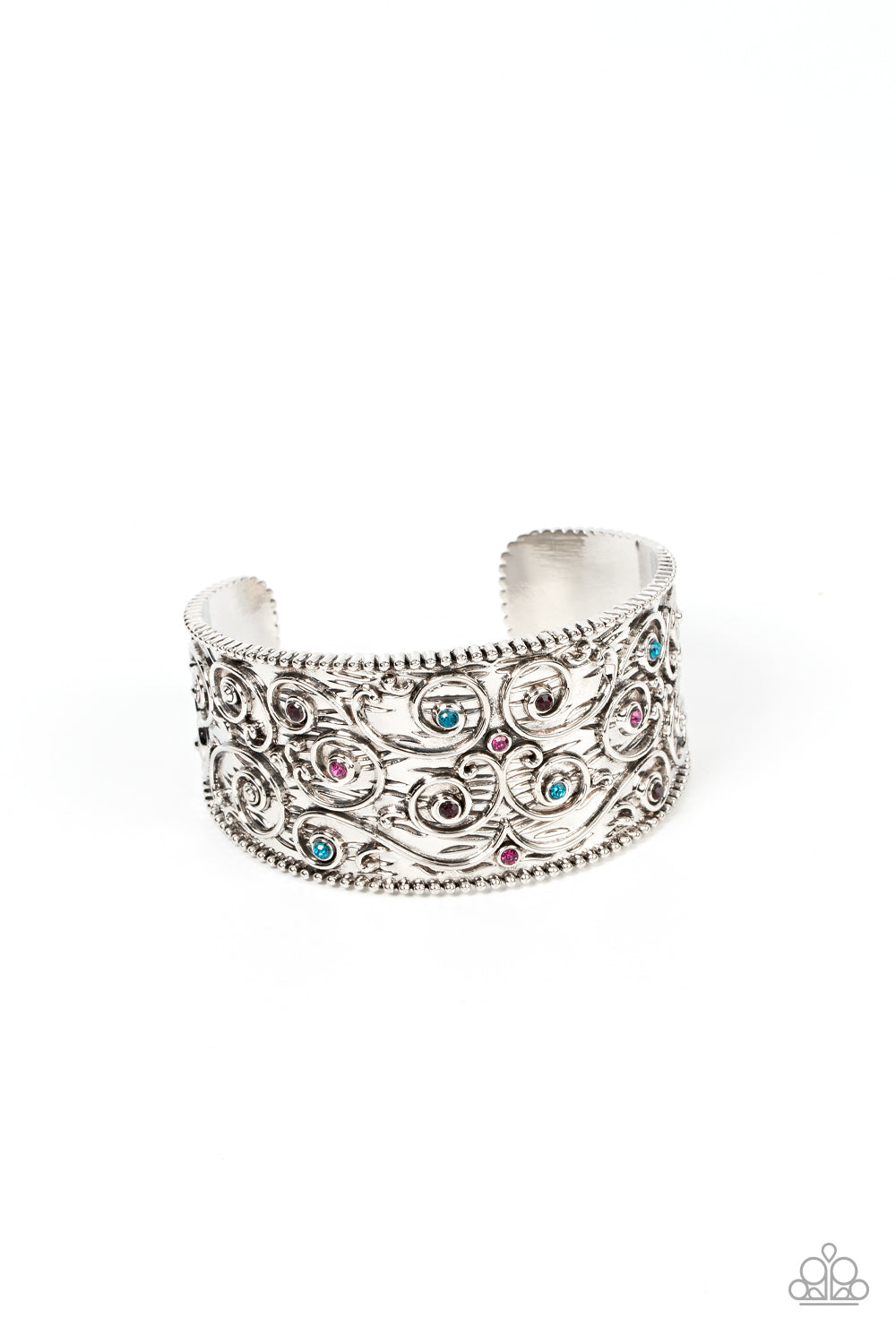 BILLOWY BEAM - MULTI COLORED RHINESTONE SILVER CUFF BRACELET - PAPARAZZI
