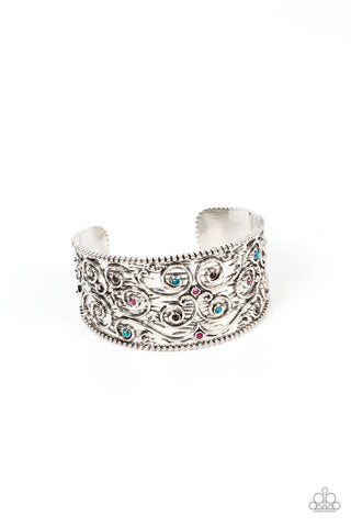 BILLOWY BEAM - MULTI COLORED RHINESTONE SILVER CUFF BRACELET - PAPARAZZI