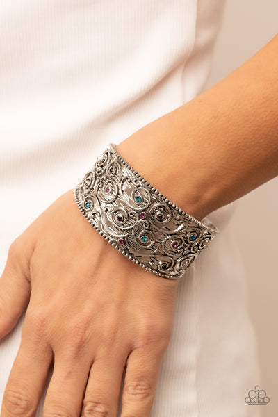 BILLOWY BEAM - MULTI COLORED RHINESTONE SILVER CUFF BRACELET - PAPARAZZI