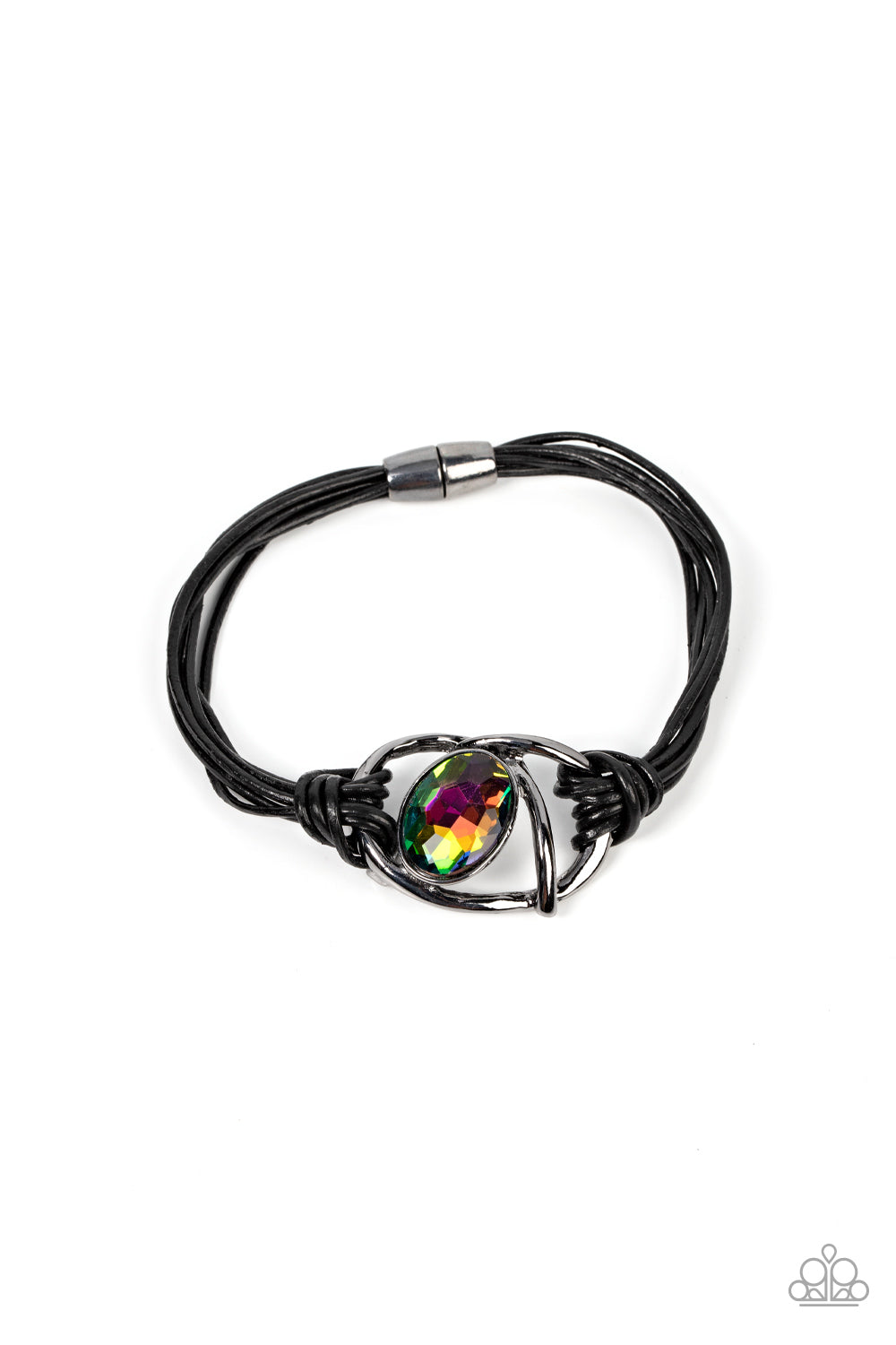 KEEP YOUR DISTANCE - MULTI OIL SPILL GEM GUNMETAL BLACK CORD MAGNET BRACELET - PAPARAZZI