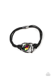 KEEP YOUR DISTANCE - MULTI OIL SPILL GEM GUNMETAL BLACK CORD MAGNET BRACELET - PAPARAZZI