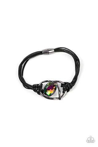 KEEP YOUR DISTANCE - MULTI OIL SPILL GEM GUNMETAL BLACK CORD MAGNET BRACELET - PAPARAZZI
